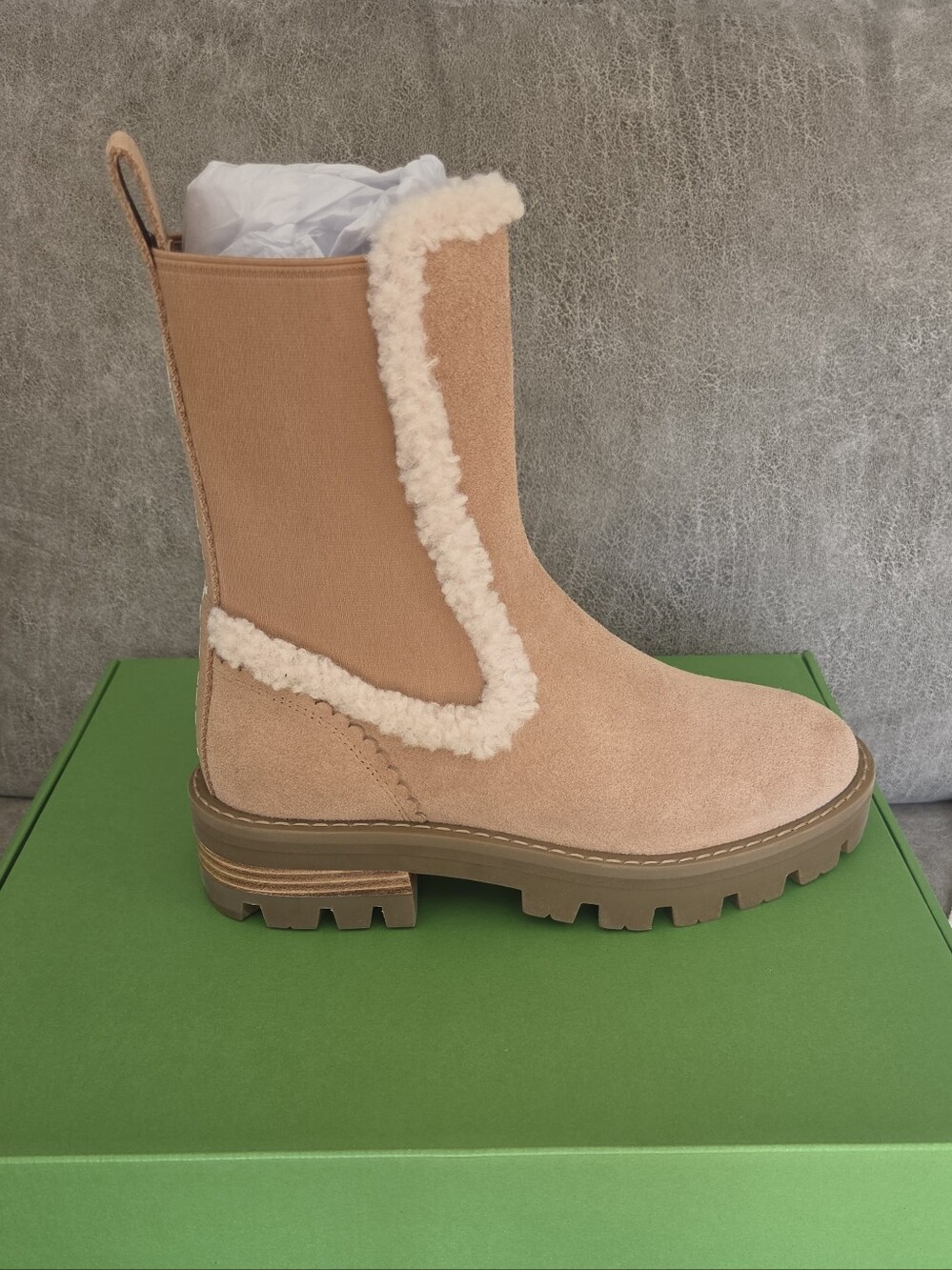 kate spade Tan Suede Chelsea Boot with Cream Shearling Trim